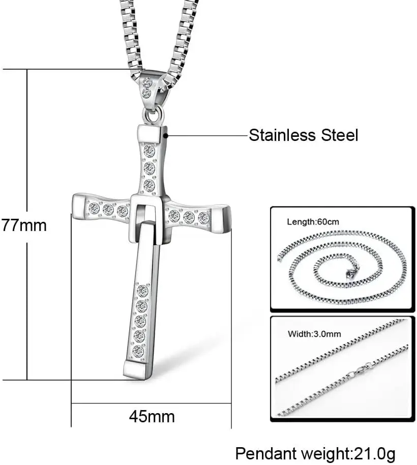 Toretto Cross Pendant, Stainless Steel Necklaces for Women and Men, Biker Style Movie Inspired Jewelry Gift with Glossy Finish, Cross Chain Design