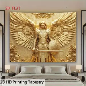 Angel Archangel Michael Golden Tapestry Wall Hanging, suitable for living rooms, bedrooms, offices, dormitories, home wall decoration, party planning, and leisure spaces. Background cloth, wall decoration fabric