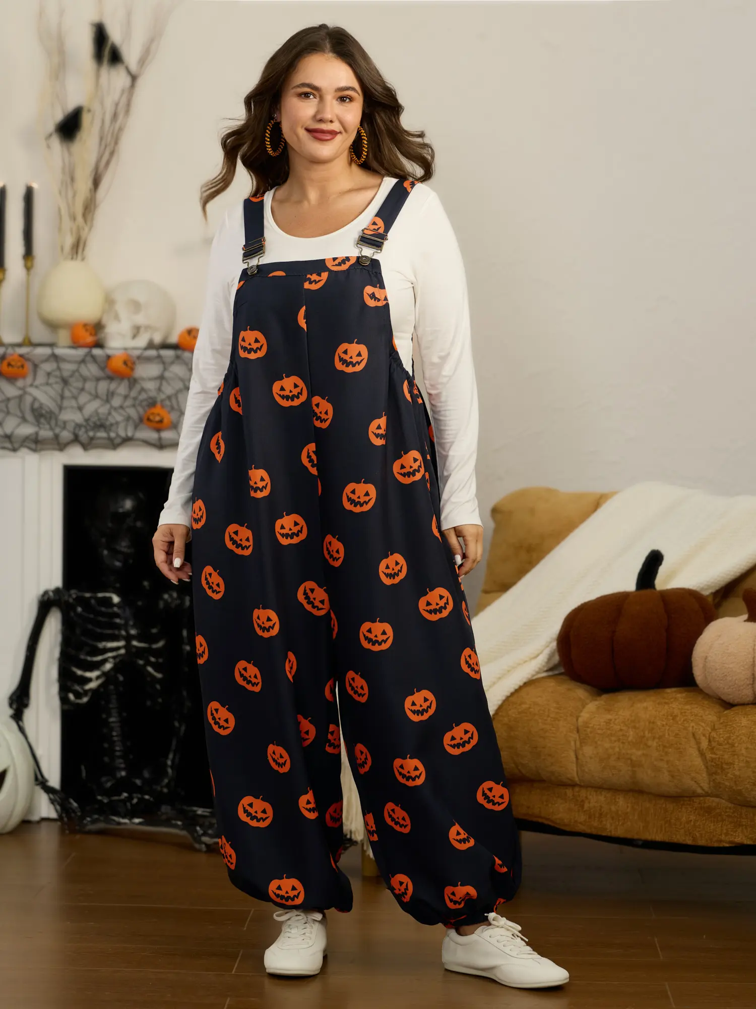 BloomChic Halloween Jack‑O‑Lantern Print Adjustable Strap Overall Jumpsuit 【M-6XL】