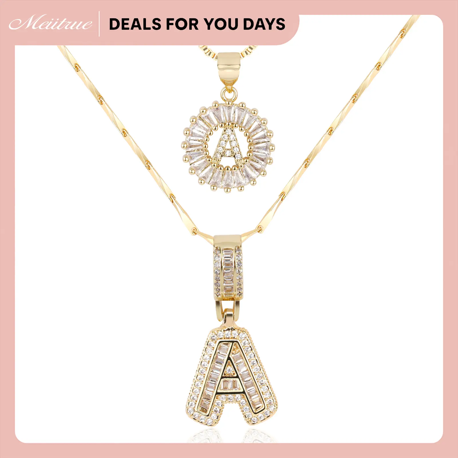 MEIITRUE 2 Pack Initial Letter Pendant Necklaces for Women 14K Gold Plated Cubic Zirconia Alphabet Necklace Fashion Jewelry Adjustable Length 17-19 Inches