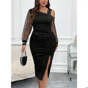 Outfit Teacher Sleeve Embroidered - Oblique Clasi tiktok Shoulder Mesh Ruched Plus Size Bodycon Dress