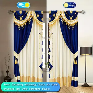 Luxurious Blue Gold Curtains Set of 2, 100% Semi-Transparent Polyester Fabric, Ideal for Bedroom Office Living Room Decor
