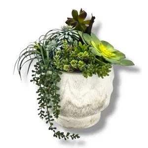 Succulent Design in Off-White Circular Ceramic Vase | Faux Succulent Floral Arrangement for Desk or Living Room Decor | Centerpiece Flowers