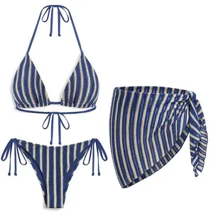 Women's Three Piece Sexy Triangle Crochet Bikini Set - Halter Tie Side Swimsuit with Cover Up for Beach Vacation