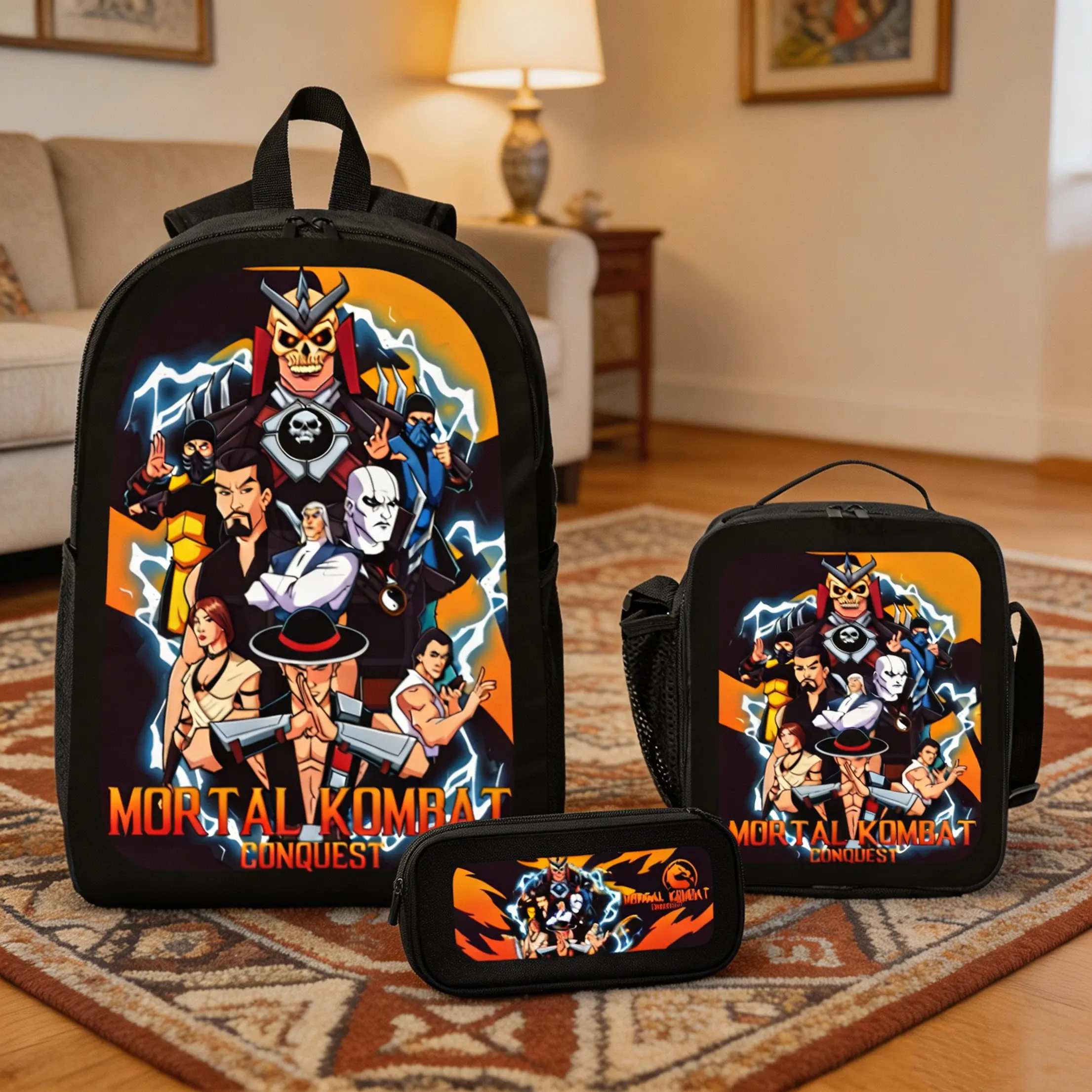 Retro Gaming Backpack Set, 3 Piece Mortal Kombat Print Waterproof Synthetic Polyester Bag for Teens, Includes Lunch Bag for School and Campus Life, Streetwear, Gamers, Back To School Haul, Zipper, Swag Backpacks, School/Outdoors