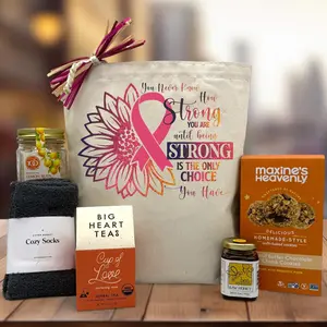 Be Strong Cancer Gift Basket Set Natural - Reusable Tote with Butterfields Candy Lemon Buds Jar Cozy Socks Big Heart Tea Co Cup of Love Decaf Herbal Tea Sachets All Natural Honey Jar & Maxine's Heavenly Peanut Butter Chocolate Chunk Cookies