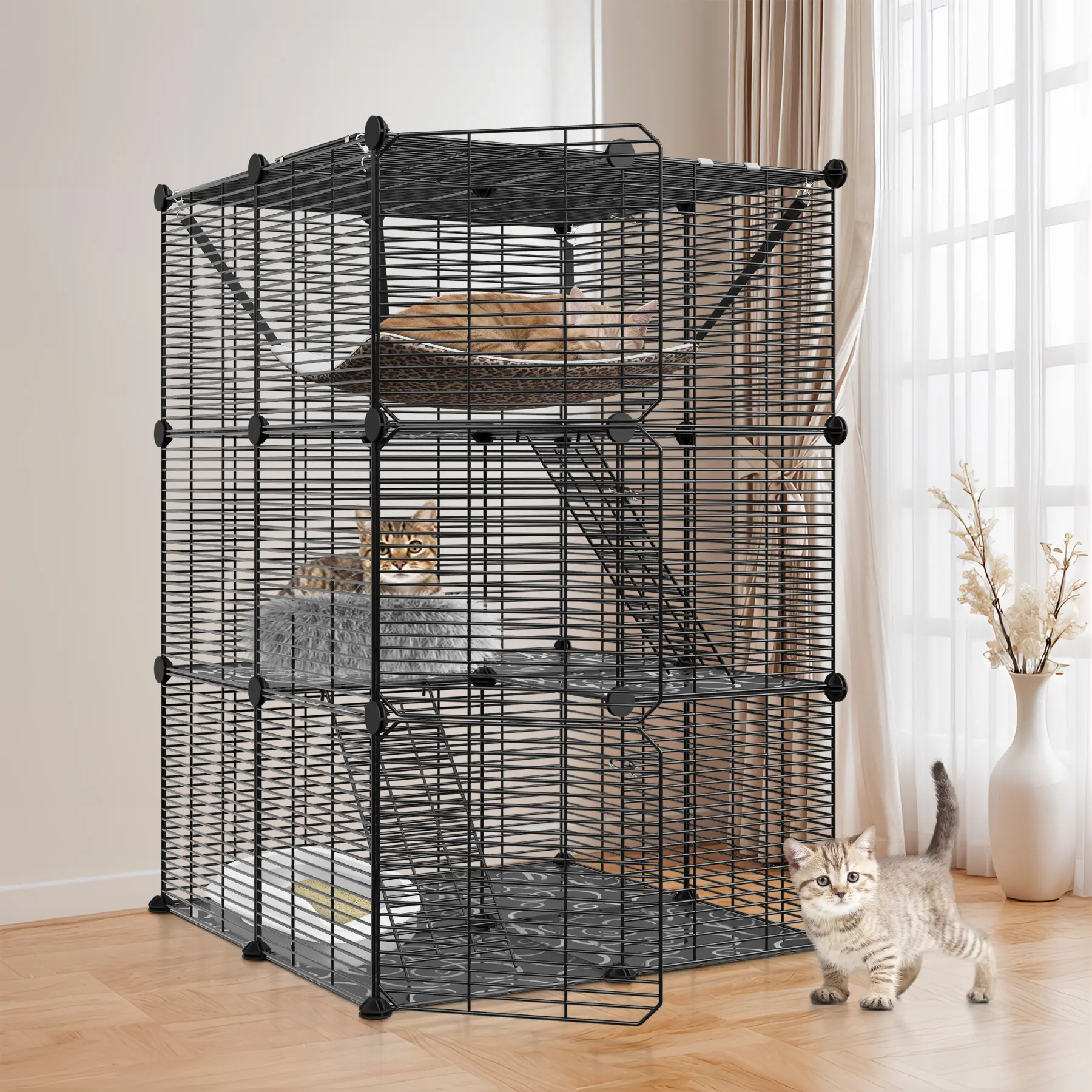 Zeny DIY Multi-Level Metal Wire Cat Cage Carrier - 3-Tier/4-Tier Enclosed Indoor Kennel Playpen with Hammock, Skylight Door, Spacious Space for Cats, Small Animals