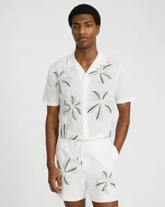 Express Men's 6" Embroidered Floral Ivory Cotton Drawstring Elastic Waist Short