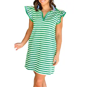 Women's Green Stripe Print Contrast Collar Split Neck Flutter Sleeve Short Dress