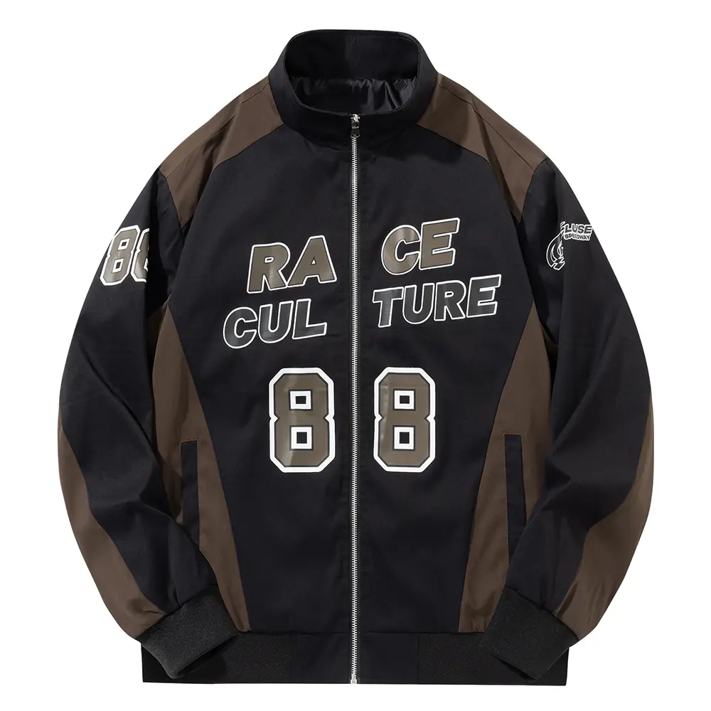 Men’s vintage racing jacket, color-block stand collar zip baseball jacket, vintage “88” letter print motorcycle jacket, Y2K street-style men’s outerwear