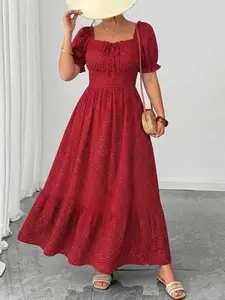 Boho Style Bohemian Long Dress for Women, Casual Wear, Backless Tie-Back Design, Short Sleeves, Polka Dot Pattern, Elegant Fit for All Seasons
