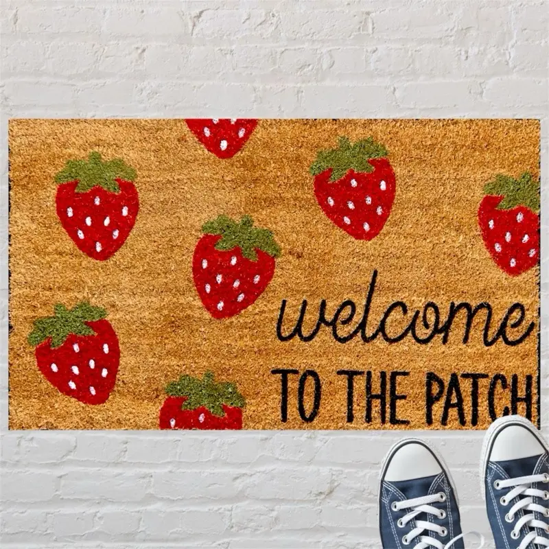 Strawberry Theme Doormat Personalized Hand Painted Welcome to the Patch Coir Mat with Red Strawberries Design strawberry shortcake