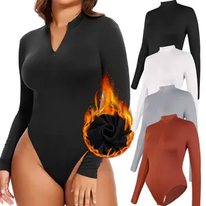 Women's Long Sleeve Fleece Lined Mock Turtle Neck Bodysuit, Casual Comfortable Winter Warm V Neck Zip Up Bodycon Body Suit Tank Top Shirt, Women's Thermal Underwear, Womenswear, Women Going Out Body Suits Leotard Tank Top for Winter Cold Weather