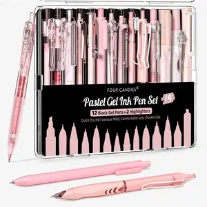 Four Candies Writing Ink Pens with Black & Pink Ink and 2Pack Highlighter, Cute Retractable 0.5mm Smooth Writing Pens,Pink Pens for School, Office Girly Stationery Aesthetic Desk Accessories Set of 14