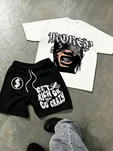 Men's Gothic Font "Get Rich Or Go Crazy" Graphic Shorts Combo | Harajuku Hip Hop T-Shirt and Sweatshorts Set Streetwear Summer Festival Aesthetic Drip