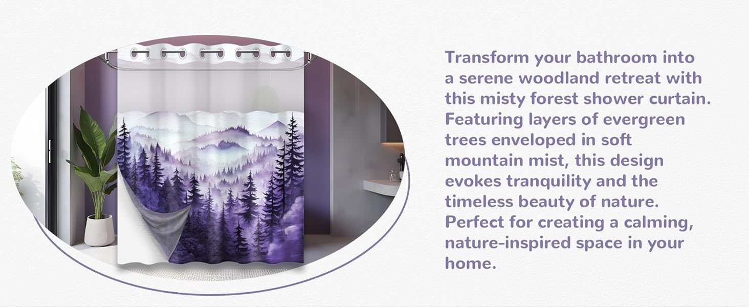 Forest Shower with Snap in Liner, Nature Mountain No Hook Layer Shower and Liner Set, Ringless with Window Waterproof Cloth, 71" W x 74" L, Purple