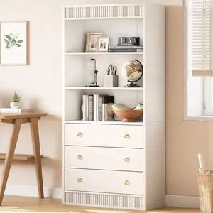 Garvee Bookshelf with Drawers 70.8" Fluted Bookcase, White Bookshelf 6 Tier Bookcase with Storage, Tall Book Shelf with Waved Design, Storage Cabinet with Open Shelf for Living Room Office