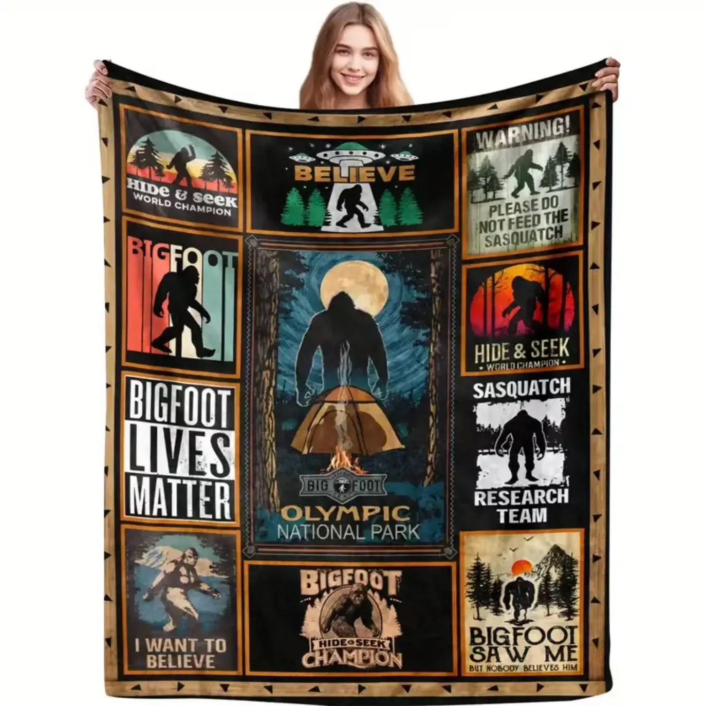 Bigfoot Sasquatch Camping Collage Throw Blanket, Funny Cryptid Forest Bed Blanket for Couch Sofa, Cabin, RV and Bedroom Decor, Soft Cozy Lightweight Warm Gift for Campers, Men, Teens and Outdoor Fans