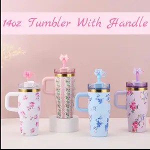 14oz Floral Tumbler with Handle, Double-Wall 304 Stainless Steel Insulated Cup, BPA-Free, Portable, with Straw and Dust Plug, Gold-Plated Rim, Perfect for Valentine's, Women's, Mother'S Day, Thanksgiving, Christmas - Pink & Blue Options