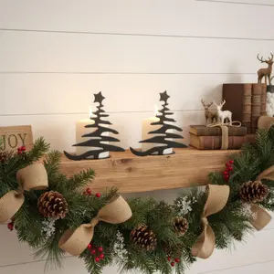 Rustic Steel Christmas Tree Candle Holder Set of 2, Metal Holiday Mantel Decor