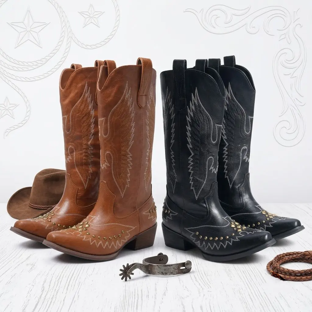 Maiqi Women's Black Western Cowboy Boots - Embroidered, Studded, Pointed Toe, Mid-Calf, Vintage - Shoe, Footwear, Statement Shoes for Western Wear for Women, Country Concert Outfit, Rodeo Outfit Inspo, Western Ootd