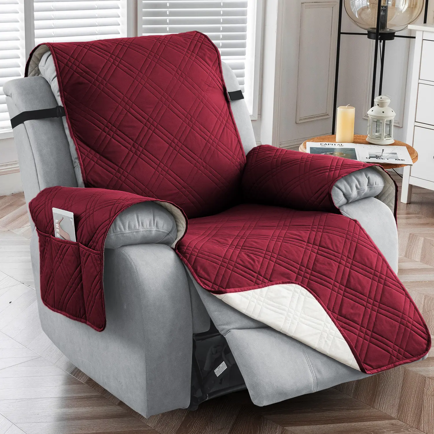 Gingham Classic Recliner Chair Cover - 5-Layer Durable, Anti-Slip, Waterproof, Anti-Shrink, Stretch, Breathable, Dustproof, All-Seasons Living Room Furniture Protector with Elastic Straps, 23.6in Seat Single Sofa Cover for Children (Machine Washable), 23.
