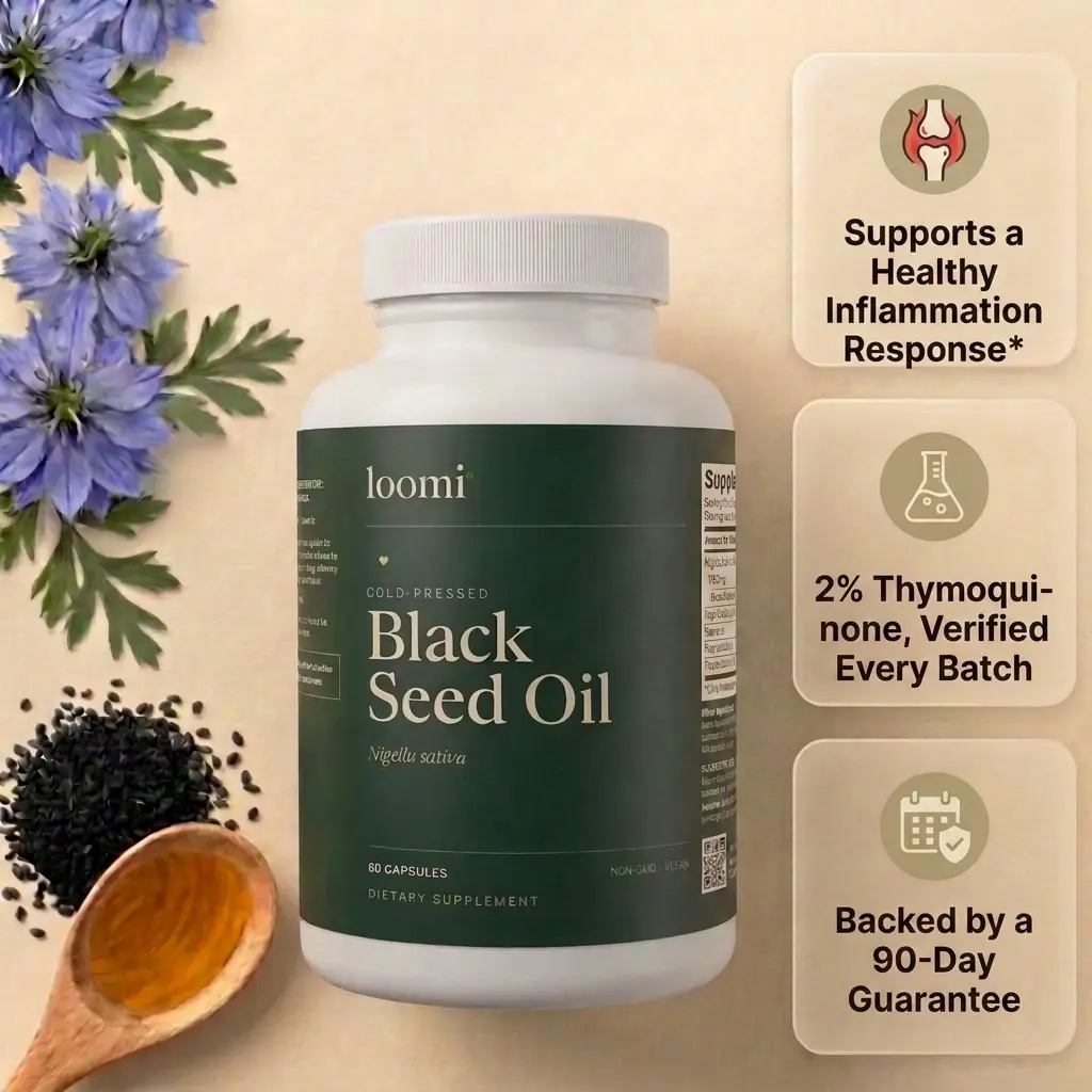 Black Seed Oil Capsules 2% Thymoquinone, Cold Pressed Nigella Sativa Softgels, Black Cumin Seed Oil, Immune Support Antioxidant Supplement, Inflammation, Third Party Tested, Non GMO, Made in USA, 60 Count, Loomi