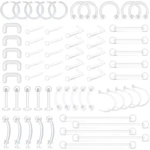 65pcs Mix Style Clear Piercing Retainers-Flexible for Lip, Ear, Nose, Septum, Eyebrow, Nipple, Tongue-Bioflex, Horseshoe Hoop, Industrial Barbell for Cartilage, Tragus Earrings