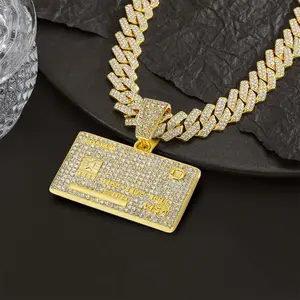 Hip-Hop Style Diamond Bank Card Pendant Necklace - Cuban Chain with Dazzling Rhinestones, Unisex Street Fashion Accessories, Hip-Hop Trend Jewelry
