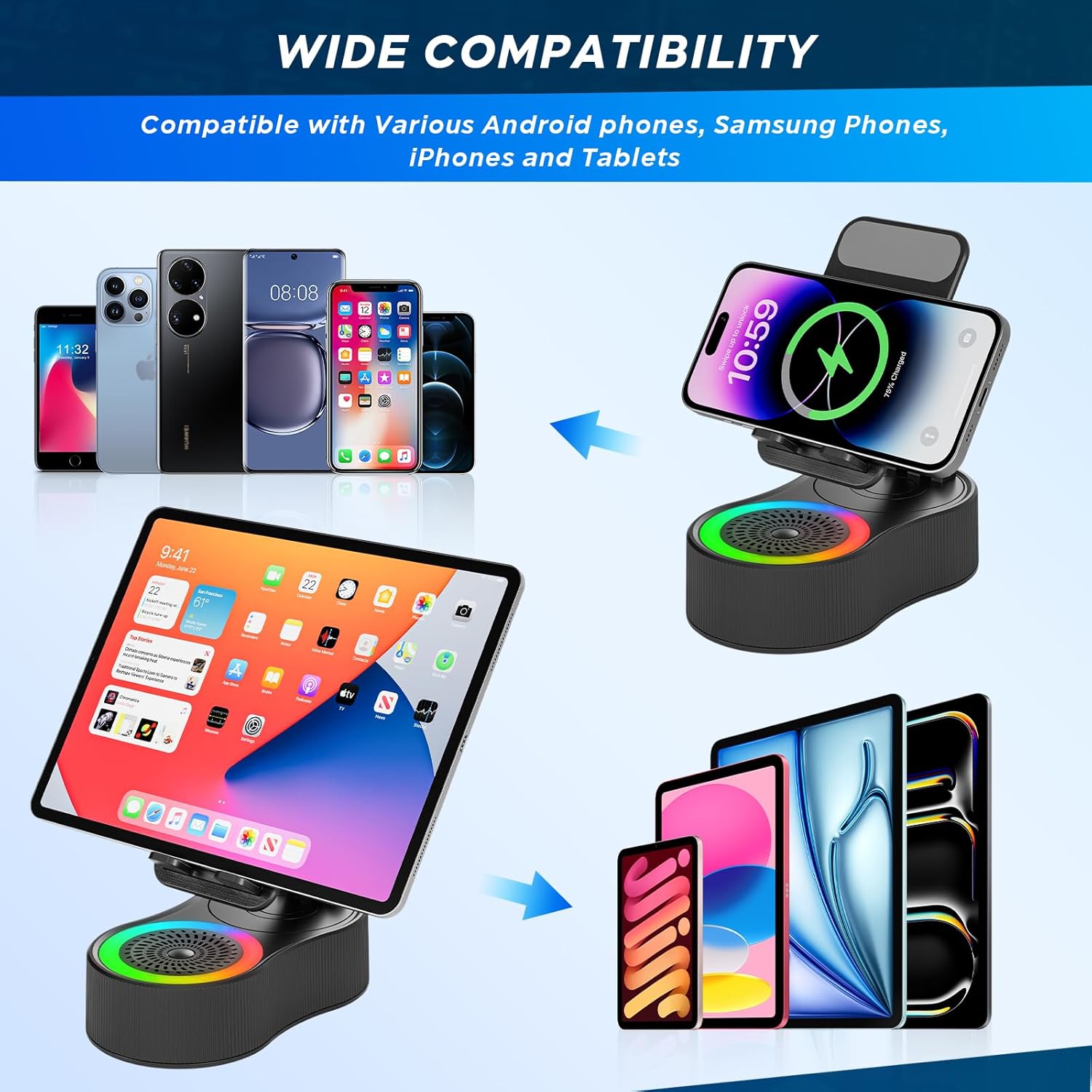 Wireless Charger Bluetooth Speaker, 5-in-1 Foldable Magnetic Phone Holder Stand with 4000mAh Power Bank & Adjustable Ambient Light – Hands-Free Speaker for iPhone Samsung Android Tablet, Car Desk Travel Essential, Gift for Men Women