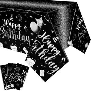 Tudomro 3 Pcs Happy Birthday Tablecloths Happy Birthday Party Decorations Plastic Table Cover Rectangular Cloths for Women Men Baby Shower Party Supplies, 108 x 54 Inch (Black Silver)