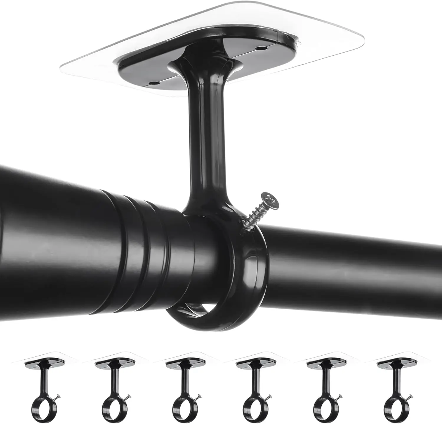 6-Pack No Drill Ceiling Curtain Rod Holder Brackets, Adhesive No Screw No Damage Bracket Holders, No Drilling Stick Heavy Duty Black Curtain Hangers Hooks for 0.8" to 1.24" Rod