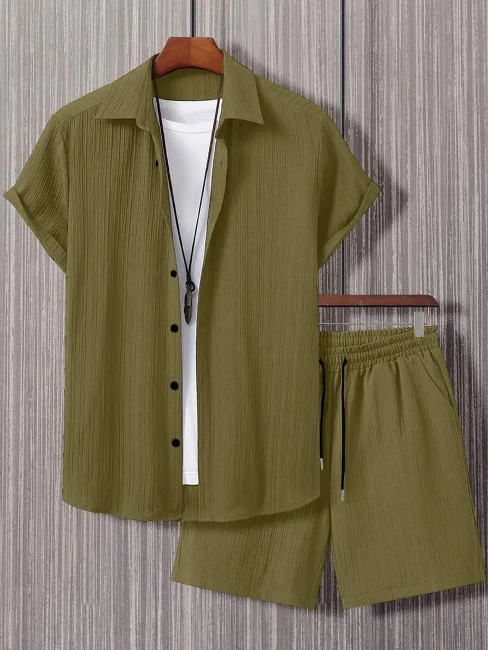 Men Solid Button Front Shirt & Plain Drawstring Waist Shorts Without Tee, Going Out, Cozy Outfits, Formal