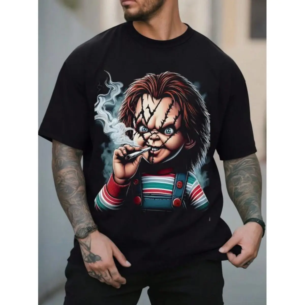 Chucky-Inspired Men's Cotton Short-Sleeve Graphic T-Shirt - Casual Fashion Menswear Top, Crew Neck with Stitched Prints, Machine Washable Halloween Gift, Tshirt, Round Neck