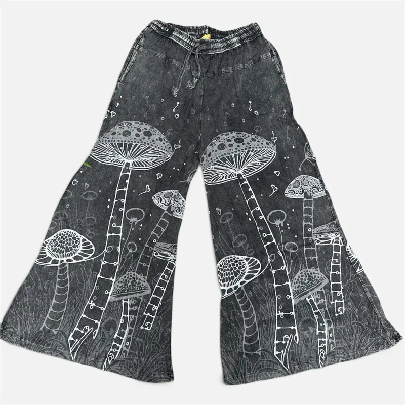 Women's Cotton Mushroom Print Wide-Leg Pants, Casual Loose-Fit Trousers for Daily Wear