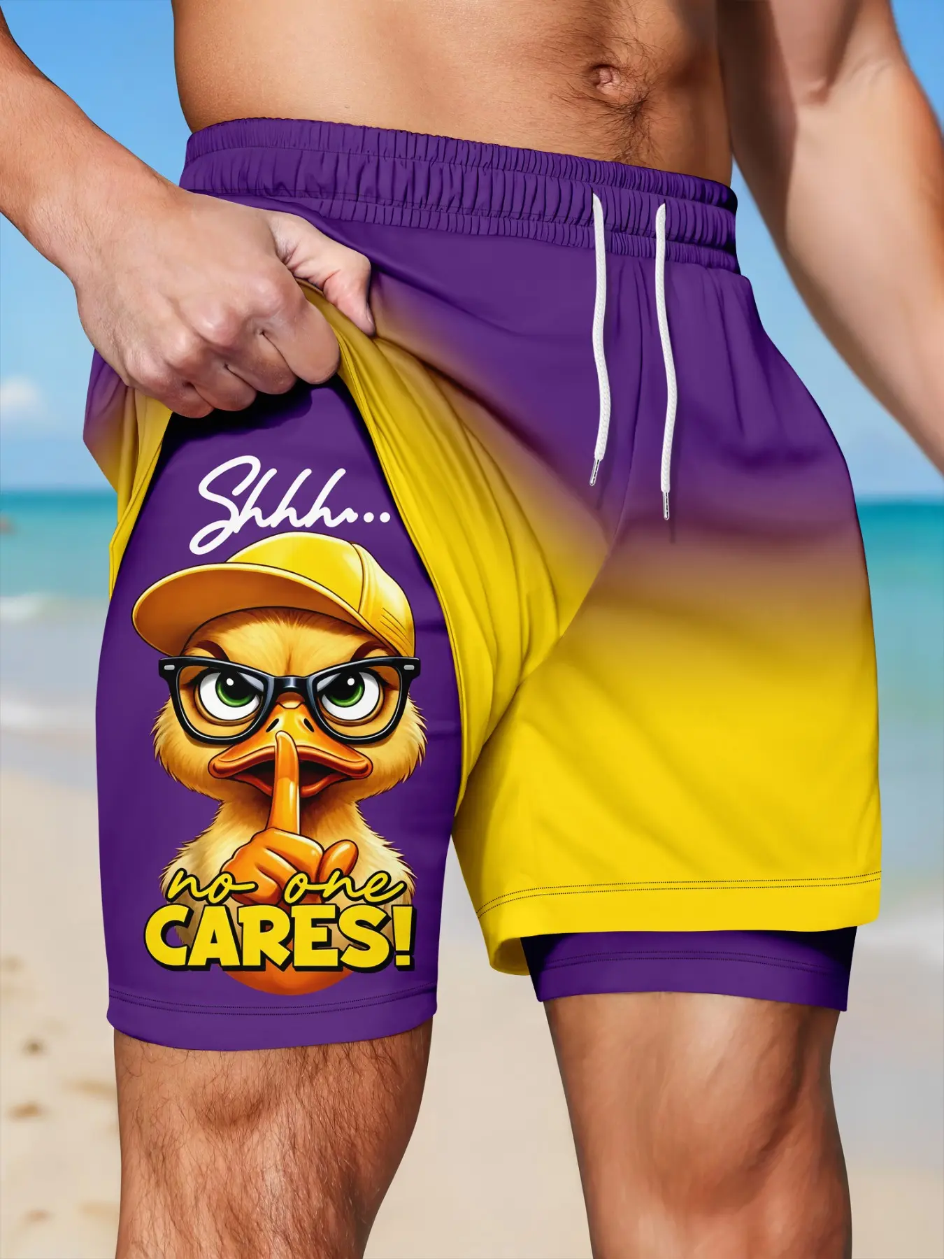 Men's Two-In-One Quick-Dry Beach Shorts, Swimming Shorts, Shorts Swimwear, Fun Cartoon Duck Letter Print Drawstring Casual Summer Vacation Shorts, Loose-Fitting Graphic Design, Drawstring Swim Shorts
