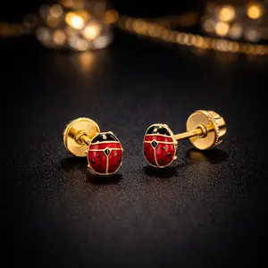 Kids Stud Earrings Ladybug for Women - 14K Gold, Womens Screw Back Design