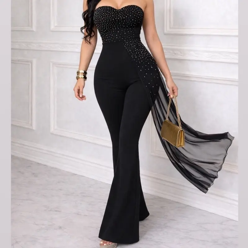 Women's S25-05 Chic Strapless Flared Overalls - Stretch Fabric, Sparkle Details, Sheer Fit