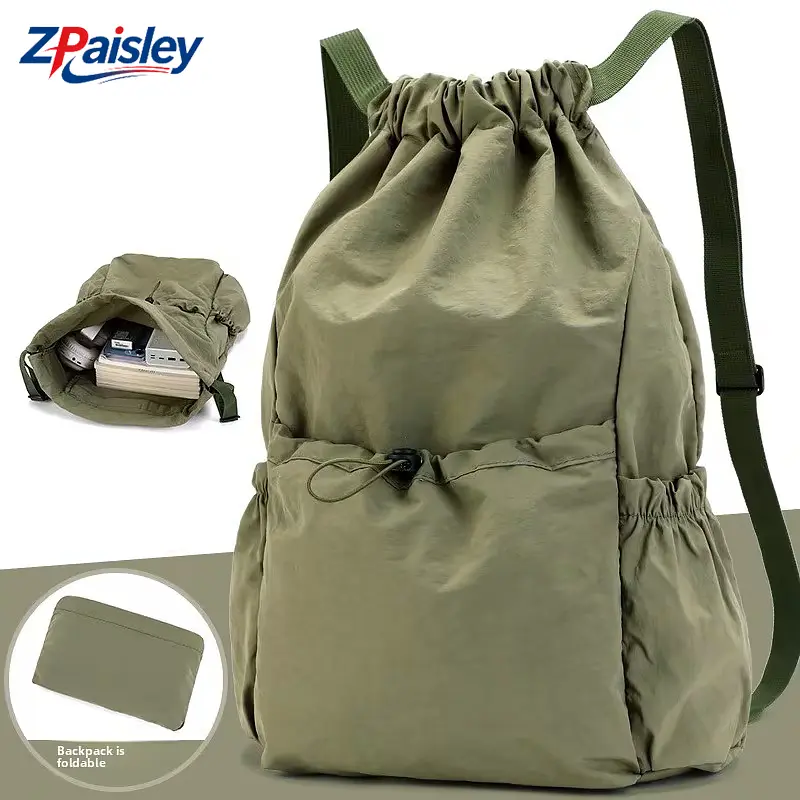 Foldable Drawstring Backpack, Lightweight Large Capacity Drawstring Bag with Multi‑Pockets, Portable Collapsible Gym Sackpack, Water‑Resistant String Backpack for Gym Hiking Beach Travel Sports Daily Use for Men Women