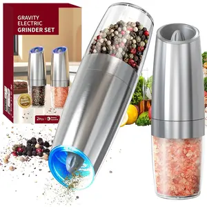 Gravity Electric Salt and Pepper Grinder Set Stainless Steel Automatic Salt and Pepper Grinder Set Battery Powered LED Light Adjustable Coarseness Suitable for Home Kitchen BBQ Silver