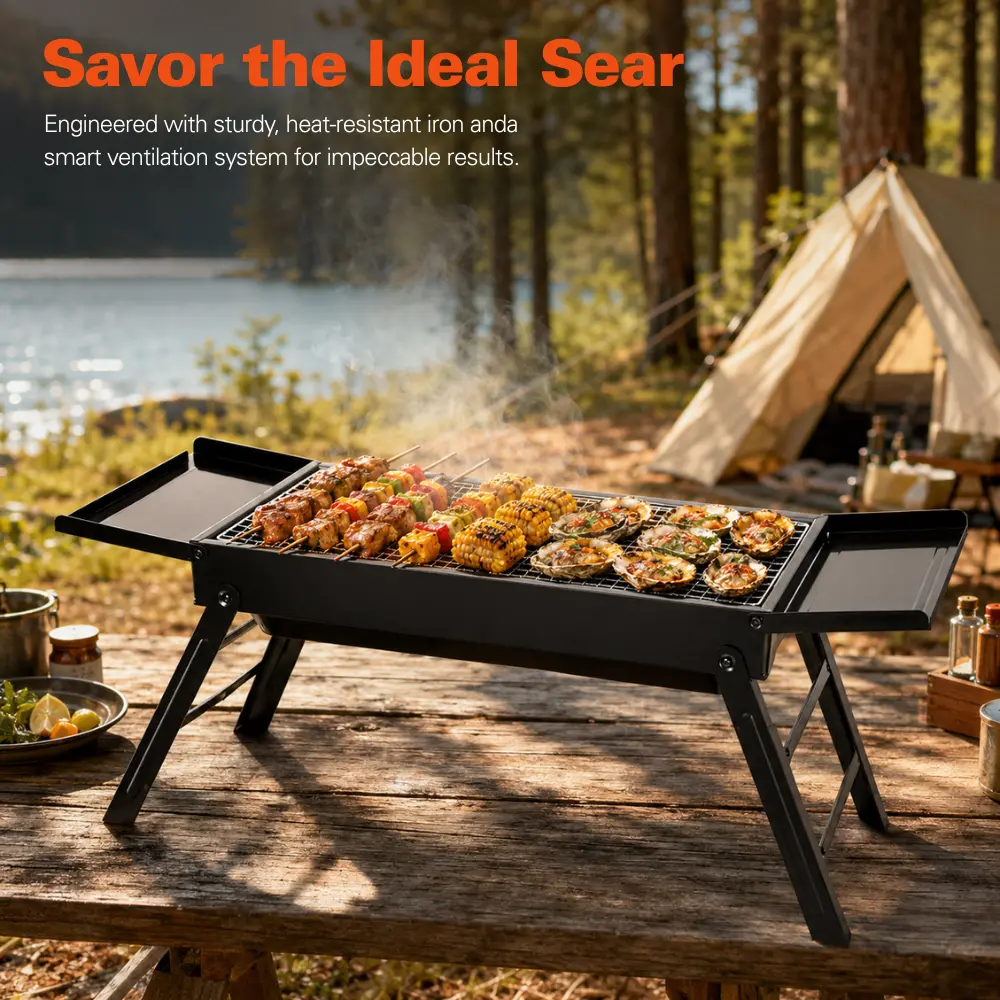 Portable Fold-up Outdoor Charcoal Barbecue Grill, Tabletop BBQ Grill Equipped with Steel Mesh & Storage Shelf for Backyard Camping Picnic Gathering-4752