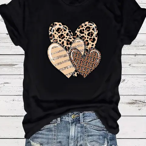 Women's Leopard Heart Print Round Neck Tee, Fashion Casual Crew Neck Short Sleeve T-shirt for Daily Holiday Vacation Outdoor Wear, Ladies Clothes for Summer