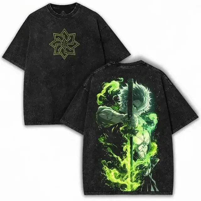 Men's Short-Sleeve Demon Slayer Sanemi Shinazugawa Graphic Tee, Menswear Top, Vintage Washed Oversized Streetwear Menswear Menswear Tshirt Round Neck Crewneck Tropical Shortsleeve Casual