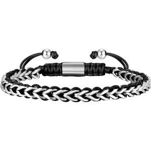 Rope & Chain Braided Link Bracelet for Men : Handmade Trendy Men's Stainless Steel Metal Non Tarnish  Cuban Chain Bracelet Fashion   for Dad Son Boyfriend, Adjustable