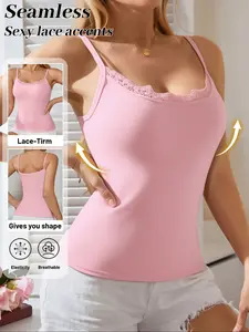 Lace Embellished Seamless Tank Top, Casual Fitted Sleeveless, Multiple Colors Available, Lightweight Comfortable, Slimming Shaping, All-Day Comfort, Elegant Women's Essential
