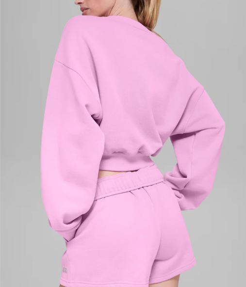 Women's Pink Cotton Crewneck Sweatshirt Set – Casual Pullover Hoodie & Jogger Pants 2 Piece Loungewear Set
