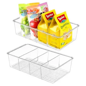 Snack Organizer for Pantry Shelf, 2 Pack Clear Plastic Pantry Storage Bins with 3 Dividers for Snacks, Spices, Chips Food Organizer, Stackable Pantry Organizers for Kitchen, Fridge, Cabinet