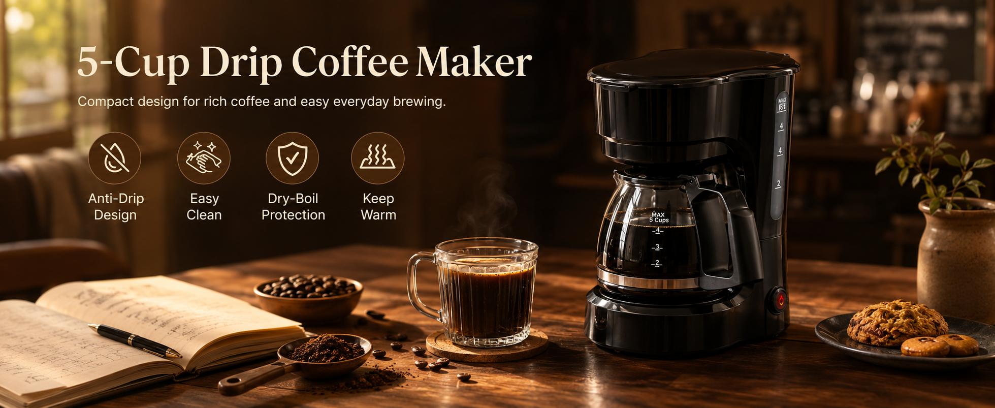 25oz Rectangular Drip Coffee Maker with 5-Cup Capacity, 25oz Water Reservoir, Easy-to-Read Water Window, Delay Brew, Keep Warm Plate, Auto-Shutoff, Reusable Filter, Overheat Protection, Slim Profile - Ideal for Couples, RV Use, Everyday