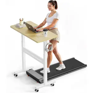 Mobile Walking Pad Desk with Wheels, Pneumatic Small Rolling Standing Desk Riser Height Adjustable (28-43.7") for Treadmill, Portable  Table for  Office, Oak