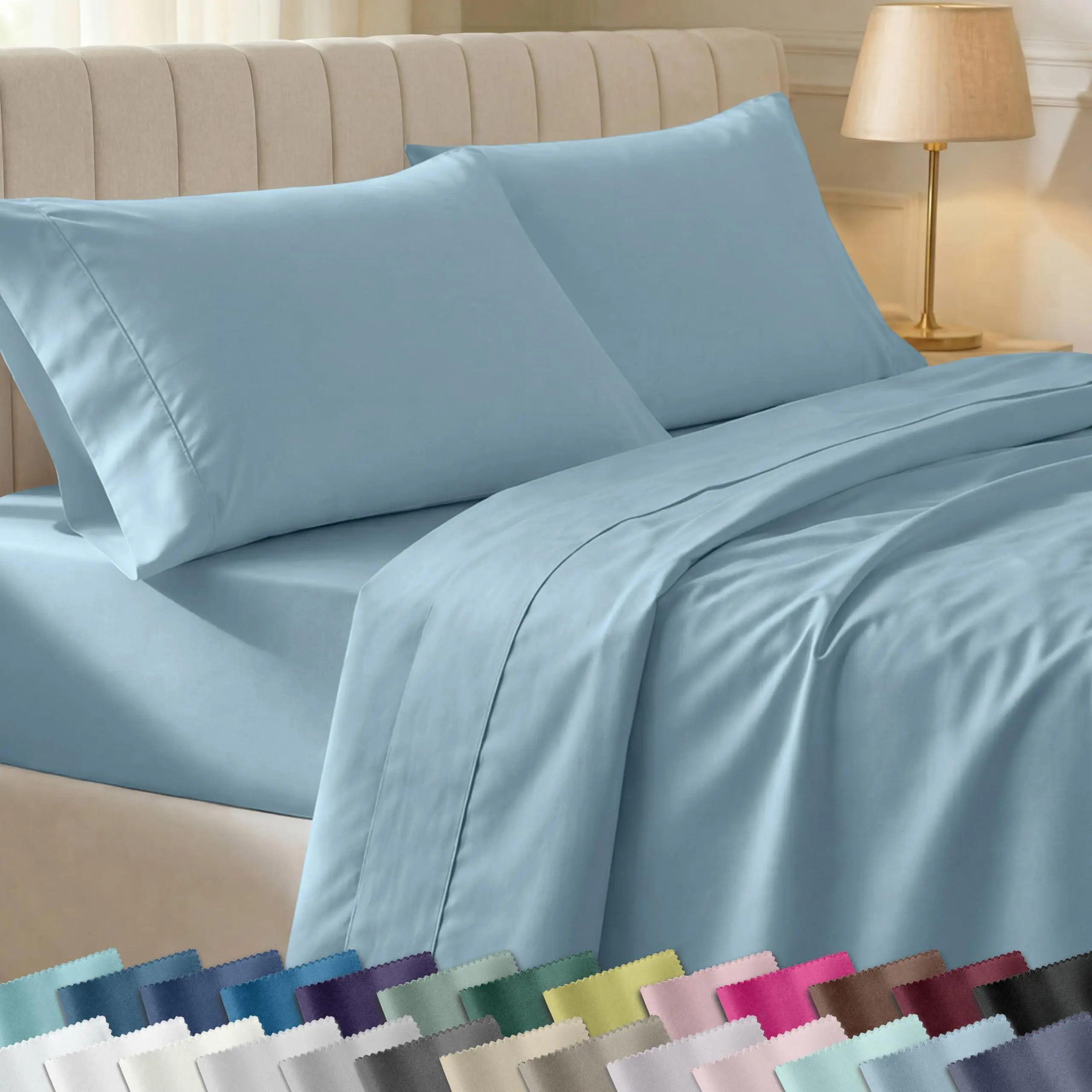 Natural 100% Cotton Sateen Sheet Set, Soft 400 Thread Count, Deep Pockets for a Snug Fit, Durable Bedding